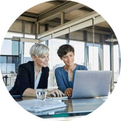Government Programs Consulting - two businesswomen in discussion while looking at laptop screen