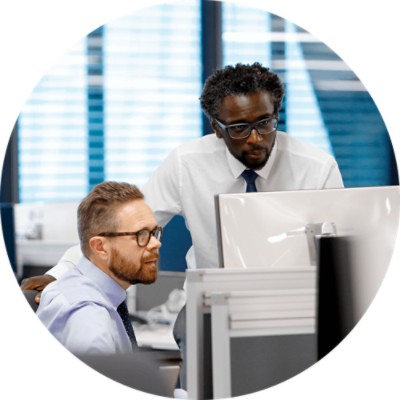 Government Programs Consulting - two businessmen in discussion looking at computer screen